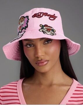 Ed Hardy Pink Bucket Hat Tiger Skull Tattoo Embroidered Women's One Size NWT